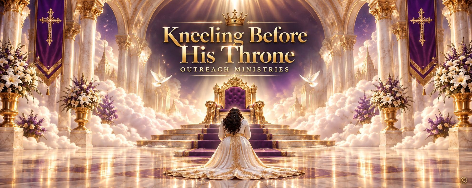 Kneeling Before His Throne Outreach Ministries banner: a woman in a white and gold gown kneels before a purple and gold throne